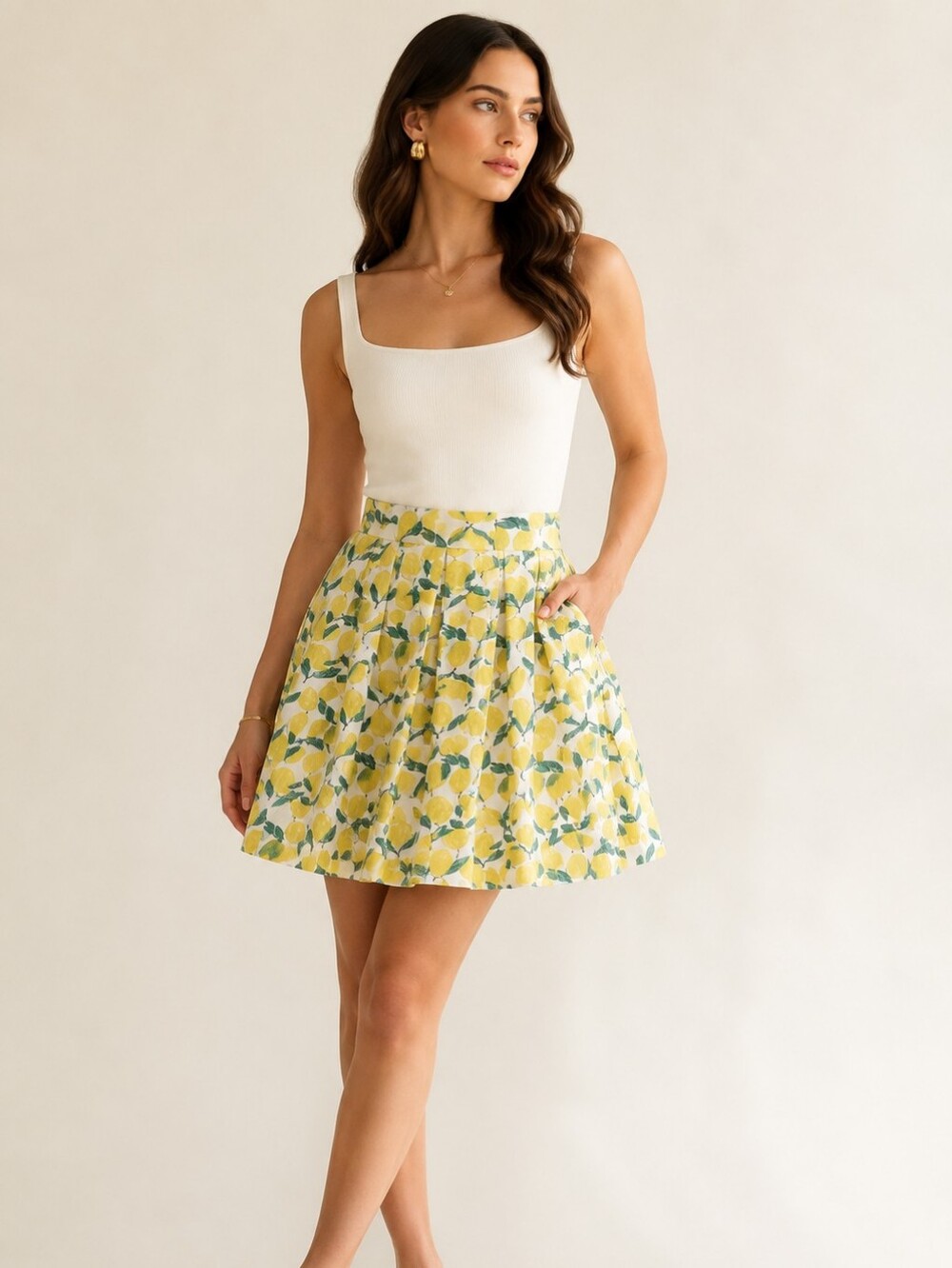 Cottagecore Resortwear 100% Cotton Pleated Lemon-Print A-Line Skirt Mini Skirt